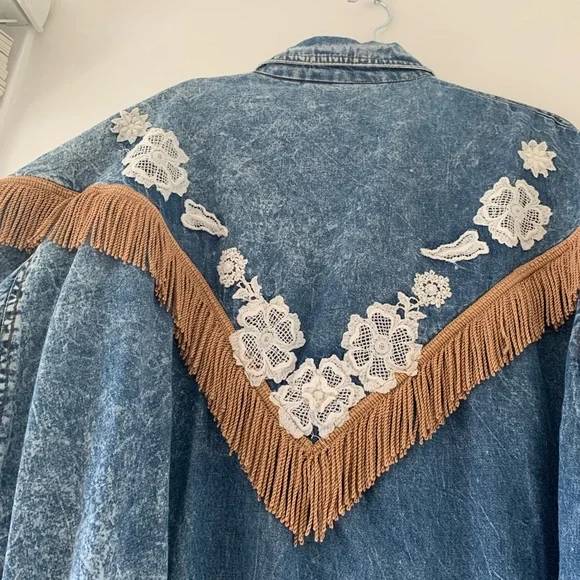 Rare 80s OOAK Vintage J Carreli Denim Acid Wash Tapestry Lace Fringe Jacket - Picture 5 of 17